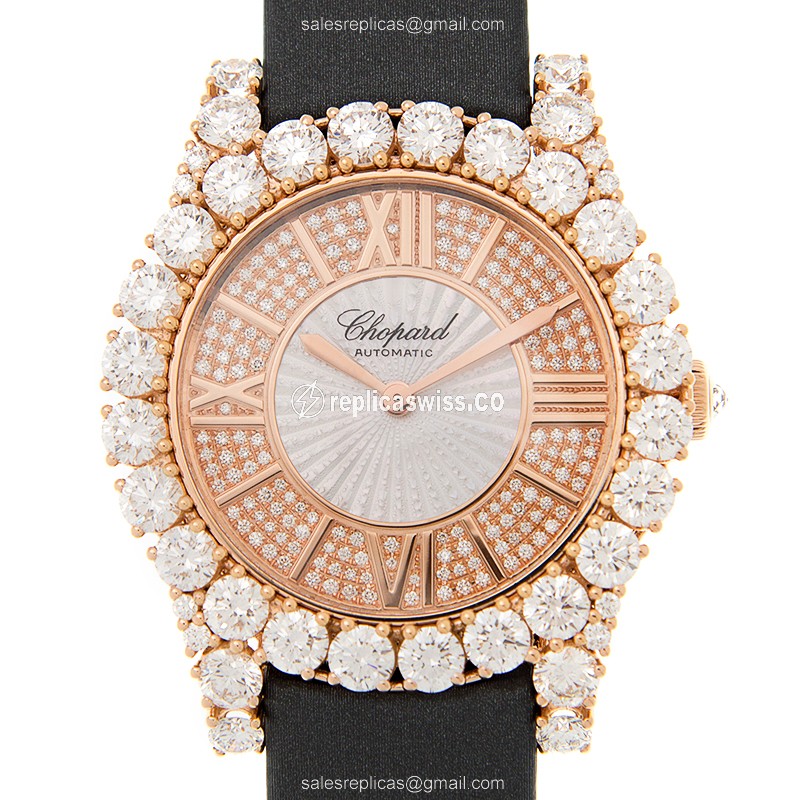Chopard 139419-5001 Women Jewelry Replica - Automatic 18kt Rose Gold - Diamond Gold Dial - Silk Black Strap - Buckle Clasp